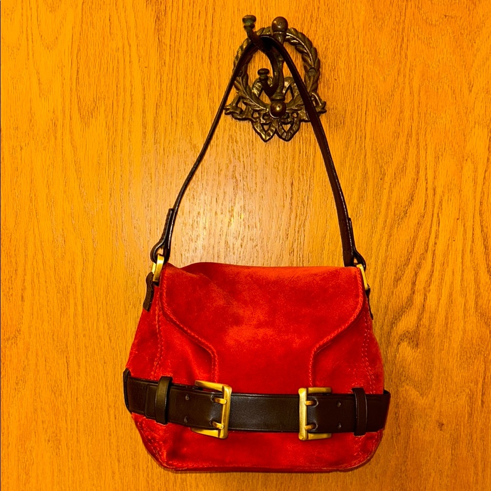 DKNY Red Suede Shoulder Bag with Black Strap and Gold Hardware